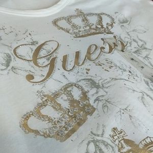 New Guess Embellished White & Gold Tee